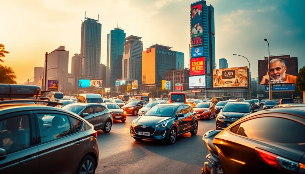 A bustling city street in India, with a vibrant array of automobiles in the foreground. In the center, a sleek, modern electric car stands out against the more traditional vehicles surrounding it. The scene is bathed in warm, golden light, casting a romantic glow over the entire landscape. In the background, towering skyscrapers and billboards create a dynamic urban skyline. The camera angle is slightly elevated, giving a comprehensive view of the diverse array of cars and the energy of the Indian automotive market. The overall mood is one of excitement and progress, hinting at the emerging trends and innovations shaping the future of transportation in India.