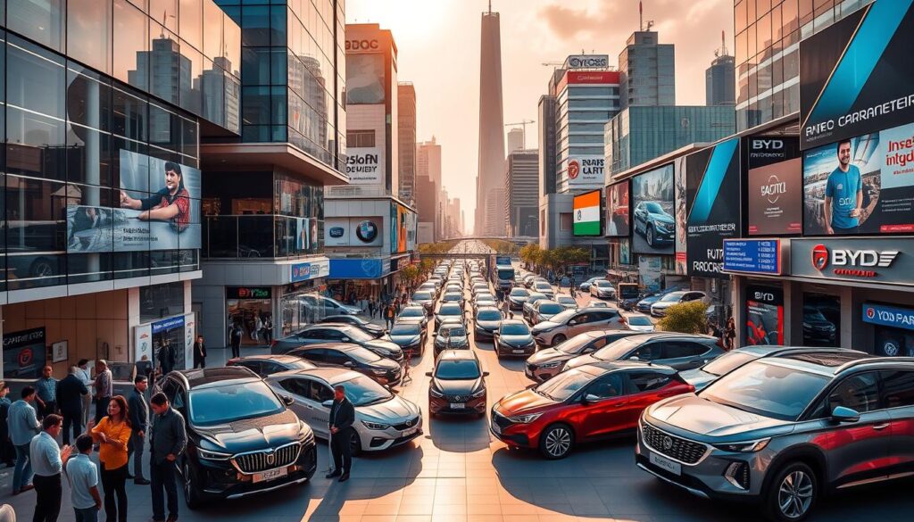 A bustling cityscape with a mix of modern showrooms, traditional auto dealers, and online shopping platforms prominently displayed. Sunlight filters through the glass facades, casting warm reflections on the sleek car models. In the foreground, people engage with sales representatives, while in the middle ground, a variety of vehicles are showcased. The background features a network of busy streets, skyscrapers, and billboards, conveying the vibrant energy of the Indian automotive market. The scene is captured with a wide-angle lens, highlighting the scale and variety of options available for purchasing BYD cars in India.