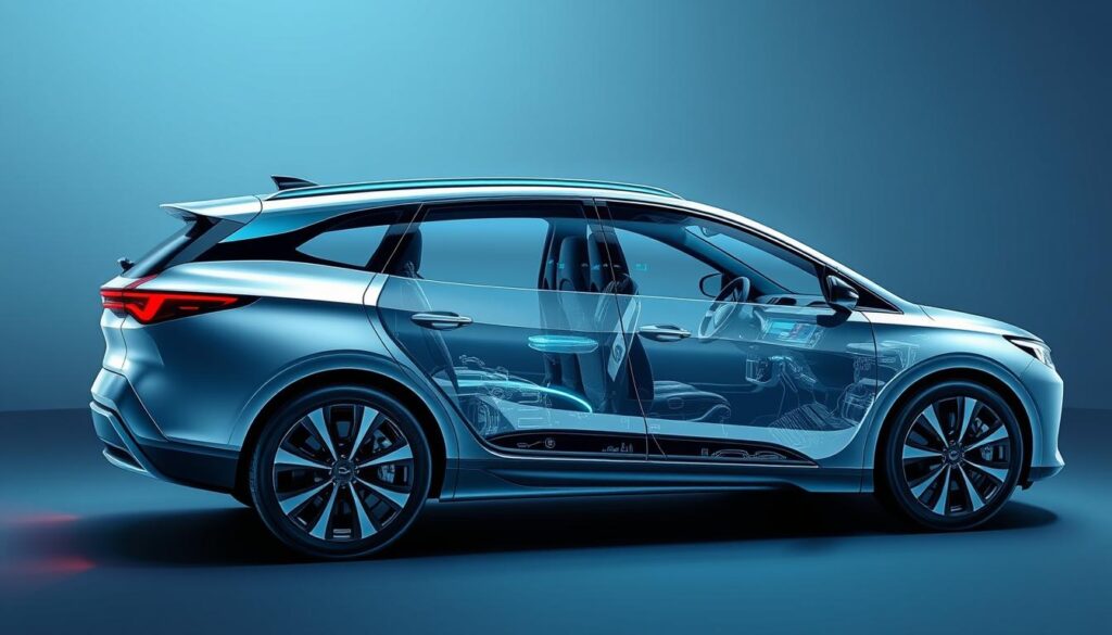 A detailed, high-resolution illustration of the advanced features and cutting-edge technology in a BYD electric vehicle. The foreground showcases the sleek, aerodynamic exterior design with distinctive styling cues, advanced lighting systems, and seamless integration of sensors and cameras. The middle ground highlights the spacious, futuristic interior with a panoramic glass roof, premium materials, and a large, responsive touchscreen display. The background depicts the sophisticated battery and powertrain components, including the electric motor, regenerative braking system, and advanced thermal management. The scene is bathed in a cool, technical lighting that emphasizes the precision and innovation of BYD's electric vehicle technology.