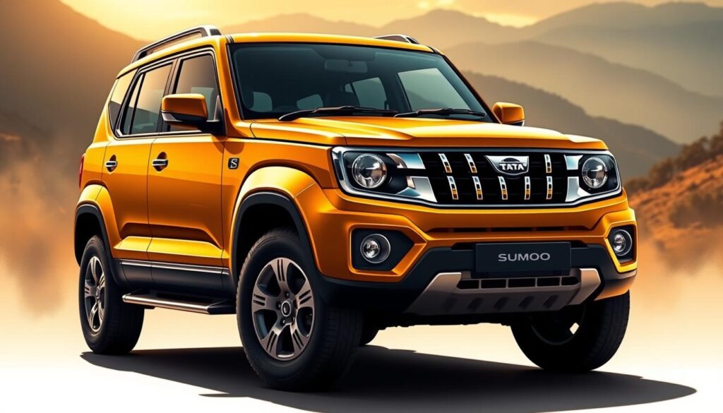 A high-quality, detailed illustration of the Tata Sumo Gold, showcasing its key highlights in an evocative, realistic style. The SUV is centered in the frame, its sleek body and prominent grille bathed in warm, golden light. The background features a serene, mountainous landscape, hinting at the vehicle's off-road capabilities. The image captures the Sumo Gold's rugged yet refined design, with a focus on its distinctive features such as the prominent chrome accents, stylish alloy wheels, and spacious interior visible through the tinted windows. The lighting, depth of field, and composition work together to create a captivating, visually compelling representation of the Tata Sumo Gold's price, features, and specifications.