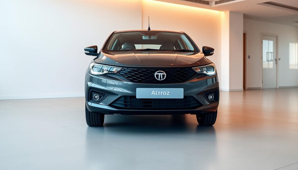 A high-resolution, detailed image of the Tata Altroz hatchback, showcasing its pricing and variant information. The car is positioned in a modern, well-lit showroom setting, with a clean and minimalist background. The lighting is warm and soft, highlighting the vehicle's sleek design and premium finishes. The perspective is slightly angled, allowing a clear view of the front three-quarter profile. The image should convey a sense of sophistication and highlight the Altroz's positioning as a premium offering in the compact hatchback segment.