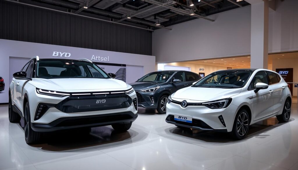 A showroom display of sleek BYD car models in India, showcasing their distinct designs and key specifications. The cars are positioned in a well-lit, modern setting, with clean lines and minimal clutter. The models include the BYD Atto 3, a mid-size electric SUV, the BYD Seal, a sophisticated sedan, and the BYD Dolphin, a compact hatchback. Each car is captured from a dynamic low-angle perspective, highlighting their bold, futuristic profiles. The scene conveys a sense of technological innovation and environmental consciousness, reflecting the brand's focus on sustainable mobility solutions for the Indian market.