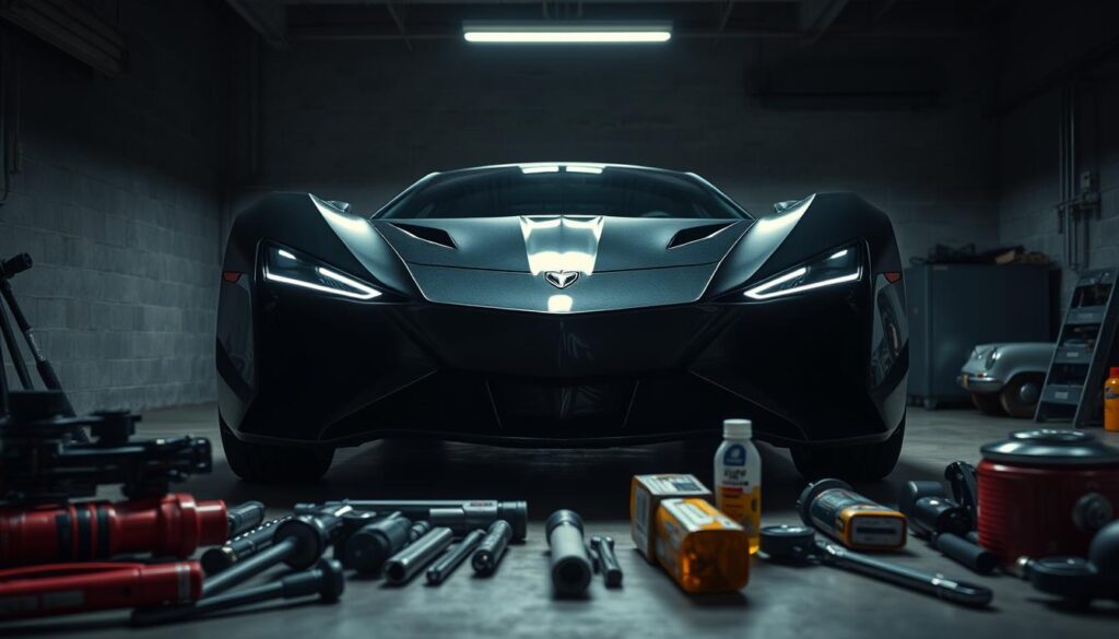A sleek, dark-colored electric vehicle with bat-inspired design cues rests in a dimly lit garage. The low-angle shot captures the vehicle's aggressive, angular front end and sharp lines, evoking a sense of power and stealth. Dramatic lighting from above casts dramatic shadows, highlighting the vehicle's contours and metallic accents. In the foreground, various automotive tools and supplies are neatly arranged, suggesting the owner's attention to detail and commitment to maintaining their "bat-inspired ride" in pristine condition. The overall mood is one of precision, sophistication, and a touch of mystery, reflecting the vehicle's unique character.