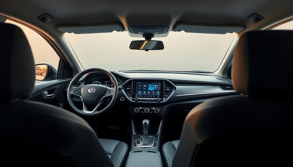 A sophisticated, well-lit interior of the Tata Altroz hatchback, showcasing its updated design and advanced technological features. The dashboard is sleek and modern, with a large, high-resolution touchscreen display taking center stage. Soft-touch materials and premium finishes adorn the cabin, creating a luxurious ambiance. The front seats are ergonomically designed, providing excellent support and comfort. The instrument cluster features a digital display, offering a seamless blend of analog and digital elements. Ambient lighting subtly illuminates the cabin, enhancing the overall aesthetic. The vehicle's advanced driver assistance systems and connectivity options are prominently featured, highlighting the Altroz's technological prowess.