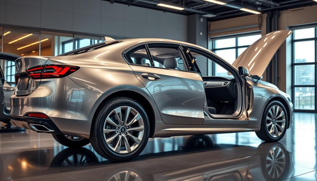 A well-engineered, rigorously tested sedan on a sleek, modern showroom floor. Gleaming metallic body panels reflect warm, diffused lighting. Intricate safety features visible, including advanced airbags, crumple zones, and driver assistance technologies. Interior showcases premium materials, meticulous craftsmanship, and a minimalist, high-tech dashboard. A sense of strength, durability, and precision engineering radiates from the vehicle. Dramatic angles capture the sedan's powerful stance and balanced proportions. An atmosphere of confidence, sophistication, and cutting-edge automotive innovation.