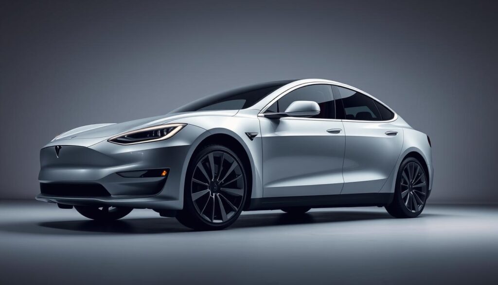 a sleek, modern sedan with a striking exterior design, showcasing the distinct styling cues of a Tesla automobile. The vehicle is captured in a well-lit, dramatic studio setting, with soft, directional lighting that highlights the clean lines, aerodynamic curves, and premium materials of the body. The camera angle is positioned at a low, three-quarter view, emphasizing the car's powerful presence and showcasing its dimensions and proportions in relation to the Indian road conditions. The scene conveys a sense of sophistication, technological innovation, and practicality, reflecting the overall design ethos of Tesla's latest model.